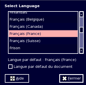 [Select Language] [Aide] [Fermer]